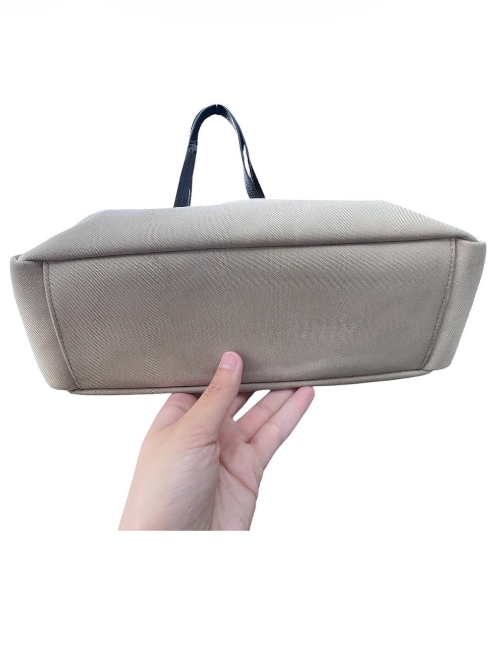 Miztique Beige Nylon Shoulder Bag Black Trim Double Handle Tote - Picture 2 of 9